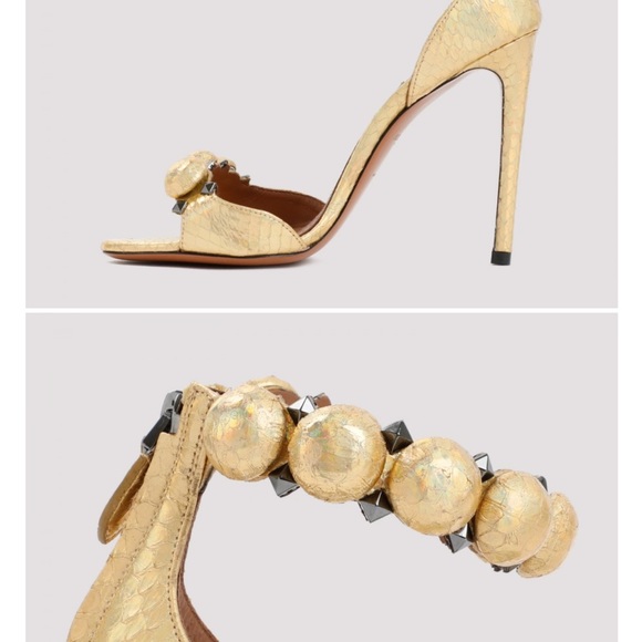 ALAÏA La Bombe 110 studded iridescent metallic elaphe sandals size 37 - Picture 10 of 16